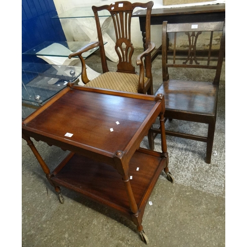 559 - 18th century mahogany lyre backed elbow chair with drop in seat, an early 19th century oak single ch... 