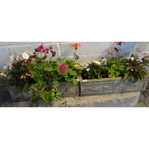 566 - Pair of composition garden troughs with plants together with another composition square shaped plant... 