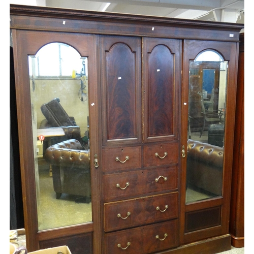 571 - Edwardian mahogany inlaid triple section mirrored wardrobe. 
(B.P. 21% + VAT)