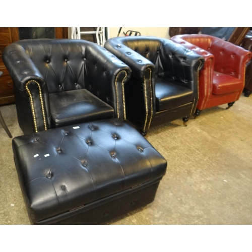 583 - Pair of modern black leather chesterfield style armchairs with shaped arms and brass studwork togeth... 