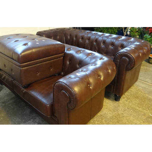 584 - Pair of modern brown leather Chesterfield style large two seater sofas with shaped arms on baluster ... 