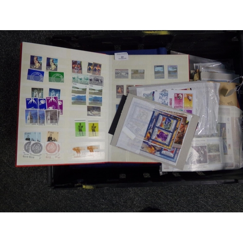 64 - Plastic crate with all World selection of stamps in albums, stockbook New Issues in packets, few Gre... 