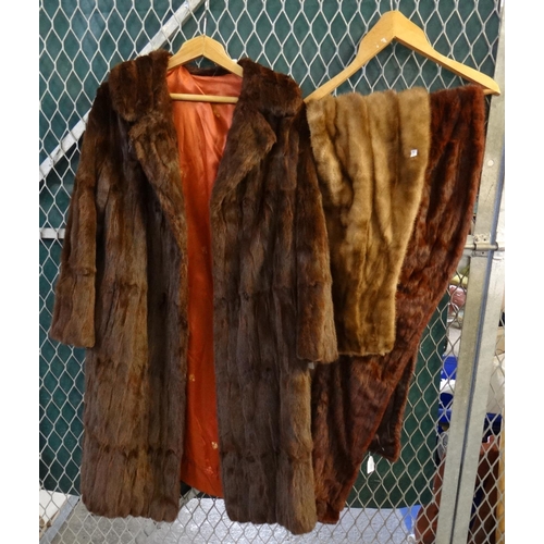 450 - Collection of vintage fur items to include: a three quarter length dark brown fur coat with floral e... 