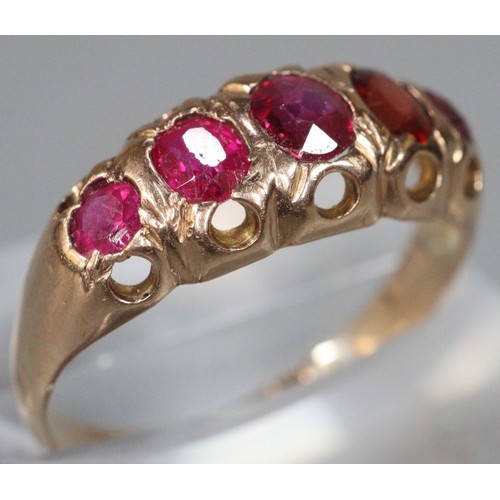 236 - Victorian 9ct gold red five stone ring.  Size N1/2.  1.8g approx.  (B.P. 21% + VAT)