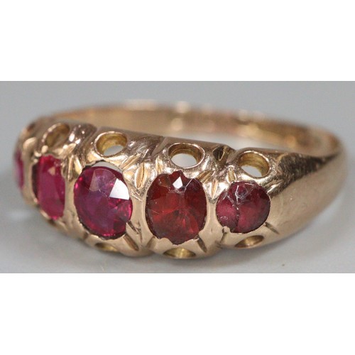 236 - Victorian 9ct gold red five stone ring.  Size N1/2.  1.8g approx.  (B.P. 21% + VAT)