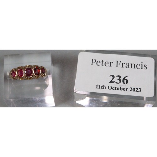 236 - Victorian 9ct gold red five stone ring.  Size N1/2.  1.8g approx.  (B.P. 21% + VAT)