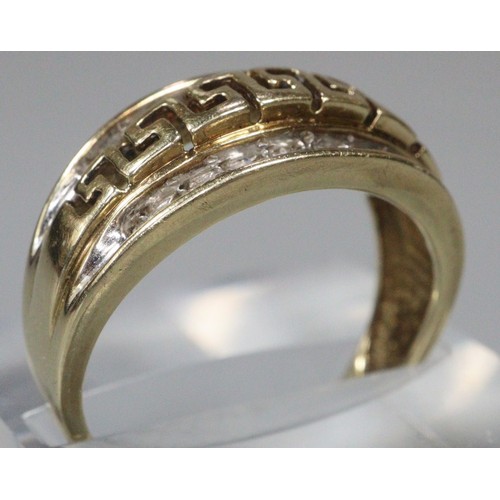 240 - 9ct gold diamond and Greek Key design ring.  3.2g approx.  Size N1/2.   (B.P. 21% + VAT)