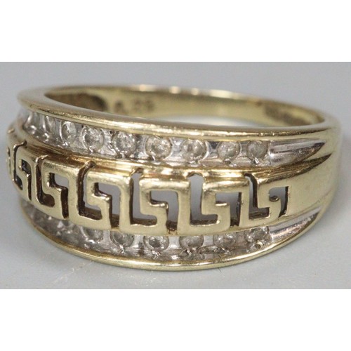 240 - 9ct gold diamond and Greek Key design ring.  3.2g approx.  Size N1/2.   (B.P. 21% + VAT)