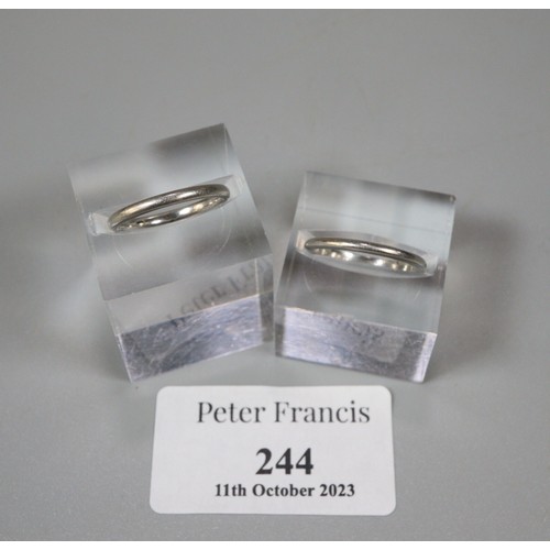 244 - Two platinum wedding bands.  5.1g approx. Sizes I1/2 and G1/2.  (B.P. 21% + VAT)