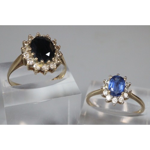 248 - Two 9ct gold blue, black and clear stone dress rings.  Size Q and P.  (2)  (B.P. 21% + VAT)