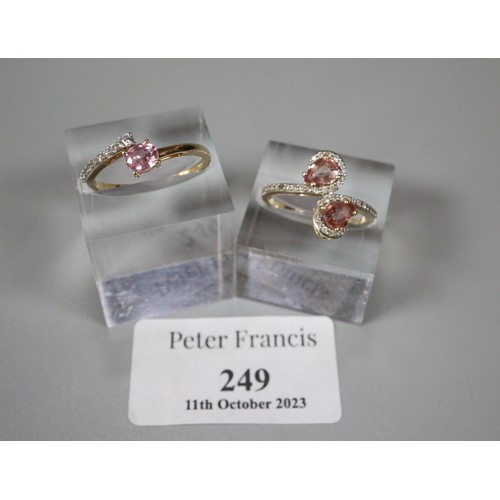 249 - Two 9ct gold pink and clear stone dress rings.  3.8g approx.  Size Size N and O1/2.  (2)  (B.P. 21% ... 