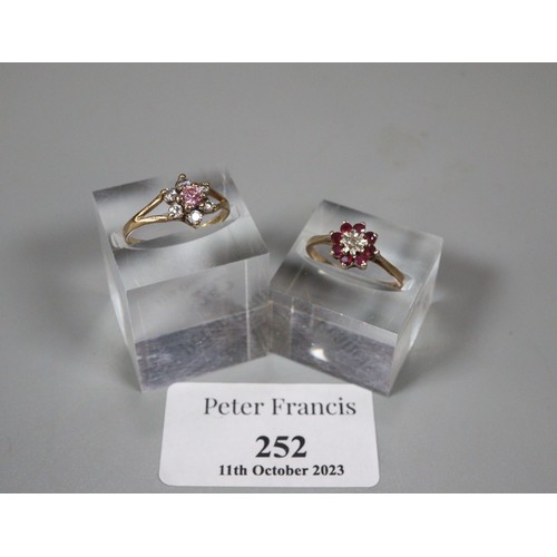 252 - Two 9ct gold pink, red and clear stone flowerhead dress rings.  Sized L1/2 and M1/2.  (2)  (B.P. 21%... 