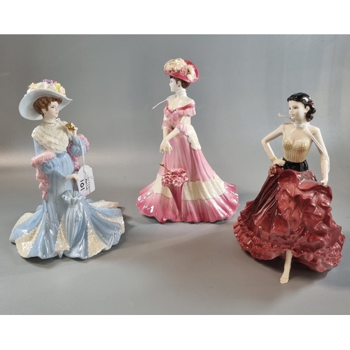 101 - Three Coalport figurines to include: High Society 'Lady Sara', and 'Lady Charlotte' and Ladies of Fa... 