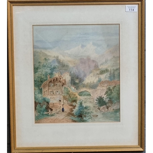 114 - Thomas Richard Hofland, continental mountain landscape with river, houses and mountains, signed.  Wa... 