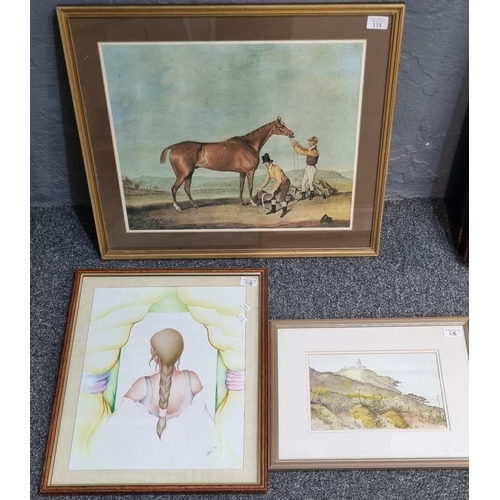 115 - Two Welsh School watercolours including Strumble Head with a horseracing print.  Framed.  (3)   (B.P... 