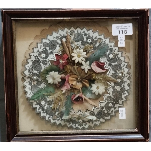 118 - Framed flower and lace collage.  20x22cm approx.   (B.P. 21% + VAT)