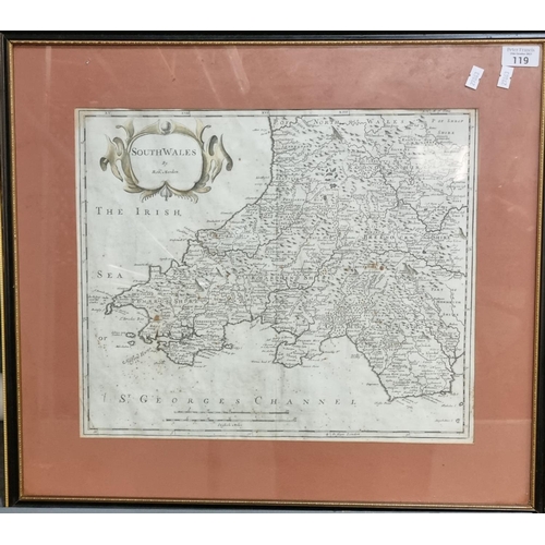 119 - Robert Morden, an original sparsely coloured map of 'South Wales'.  36x43cm approx.  Hogarth frame. ... 