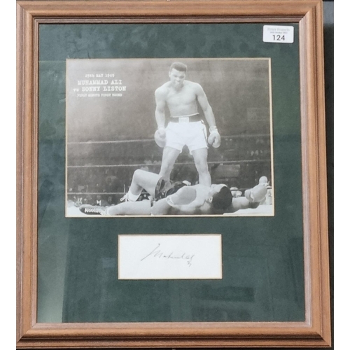 124 - Framed black and white photograph 'Muhammad Ali V Sonny Liston'.  20x26cm approx.  Bearing signature... 