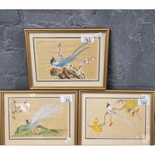 132 - Japanese School, group of three bird studies with foliage, painted on silk.  12x18cm approx.  Framed... 