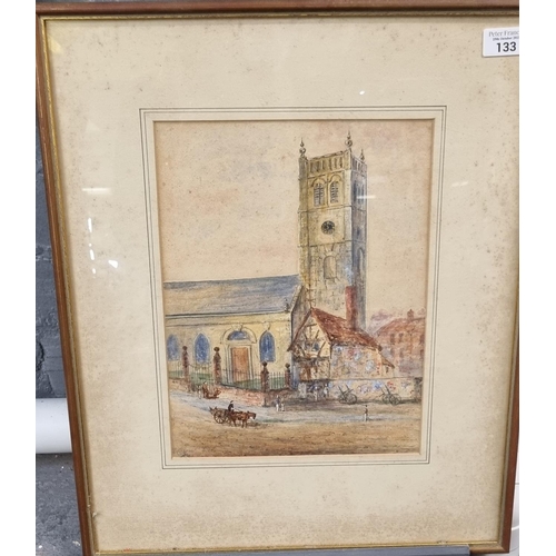 133 - P Curzow (19th century British), study of a church. 
Watercolours.  32cm x23.5cm approx.  Framed and... 