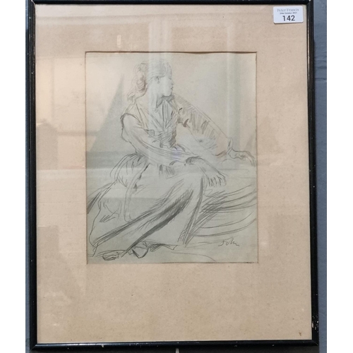 142 - After Augustus John, portrait of a woman, monochrome print.  27x22cm approx.  Framed and glazed.  (B... 