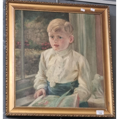 158 - British School (early 20th century), portrait of a young boy reading.  Oils on canvas.  62x46cm appr... 