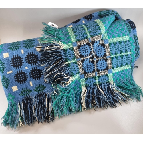 165 - Blue ground vintage Welsh woollen tapestry blanket with fringed edge and traditional Caernarfon desi... 