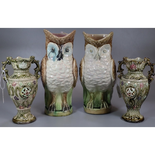 168 - Pair of majolica pitcher jugs in the form of owls.  27cm high approx.  Together with a pair of conti... 