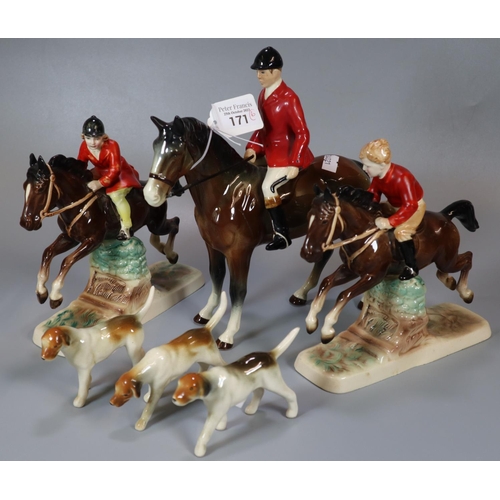 171 - Collection of ceramic hunting group figurines to include: huntsmen and women on horses and hunting d... 