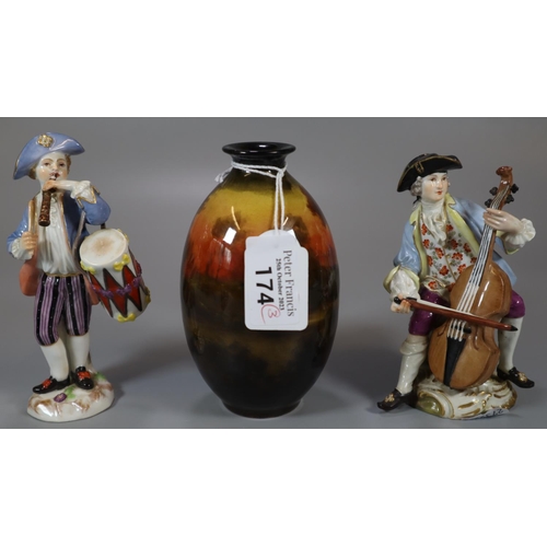 174 - Meissen porcelain figure of a cellist together with another Meissen porcelain figurine of a boy with...