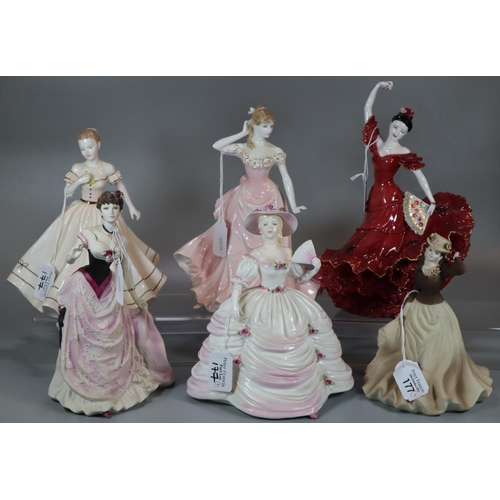 177 - Six Coalport bone china figurines to include: 'Flamenco', 'With This Ring', 'Geraldine', 'Southern B... 