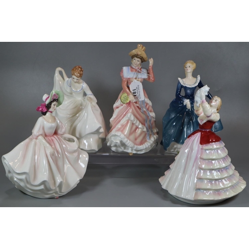 181 - Five Royal Doulton bone china figurines to include: 'Pamela', 'Sharon', 'Fragrance', 'Sunday Best' a... 