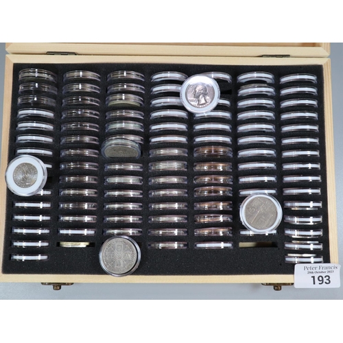 193 - Coin collection box comprising: assorted 50p coins, £2 coins, two Shilling coins etc.  Most in plast... 