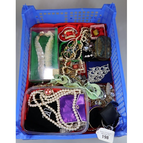 198 - Collection of vintage and other jewellery to include: necklaces, tin with coins, earrings, mother of... 