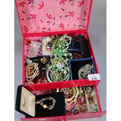 216 - Collection of vintage and other jewellery in modern jewellery box to include: necklaces, pearls, ear... 