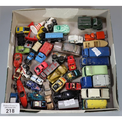 218 - Small collection of playworn diecast model vehicles: lorries trucks etc., racing cars, some by Lesne... 