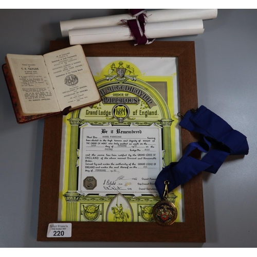 220 - Acton Chamber of Commerce Masonic Medal together with a Freemasons Handbook 1908, framed R. A. O. B.... 