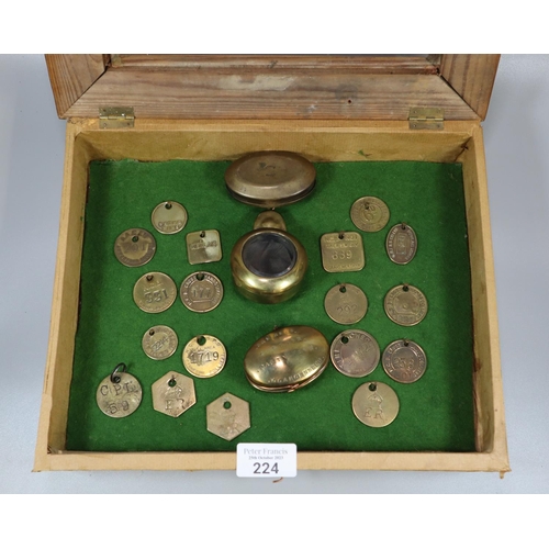 224 - Collection of brass Mining ephemera to include: two tobacco boxes one marked 'Sam Rees Collier, Pant... 