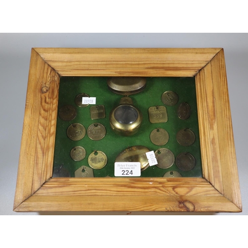 224 - Collection of brass Mining ephemera to include: two tobacco boxes one marked 'Sam Rees Collier, Pant... 