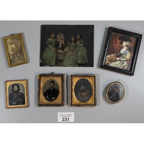 231 - Plastic tub comprising framed ambrotypes together with a framed portrait print and a family portrait... 