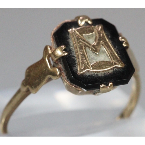 233 - 9ct gold and black enamel mourning ring with initials.  1.7g approx.  size M1/2.   (B.P. 21% + VAT)