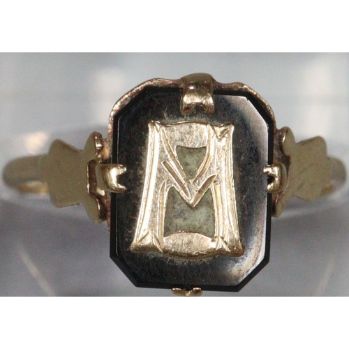 233 - 9ct gold and black enamel mourning ring with initials.  1.7g approx.  size M1/2.   (B.P. 21% + VAT)