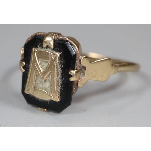 233 - 9ct gold and black enamel mourning ring with initials.  1.7g approx.  size M1/2.   (B.P. 21% + VAT)