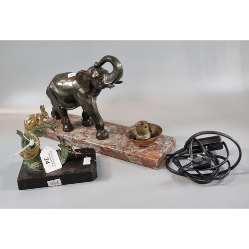 24 - An Art Deco spelter animal figure group on marble base of a rabbit and pheasant on foliage, together... 
