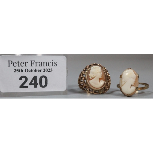 240 - Two 9ct gold cameo rings, one with pierced mount.  8g approx.  Sizes M and N.   (B.P. 21% + VAT)