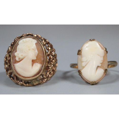 240 - Two 9ct gold cameo rings, one with pierced mount.  8g approx.  Sizes M and N.   (B.P. 21% + VAT)