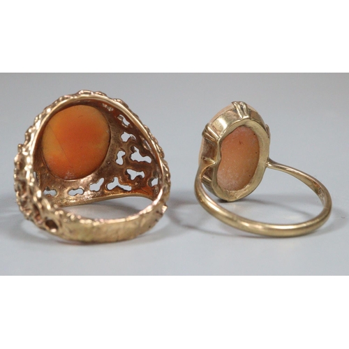 240 - Two 9ct gold cameo rings, one with pierced mount.  8g approx.  Sizes M and N.   (B.P. 21% + VAT)