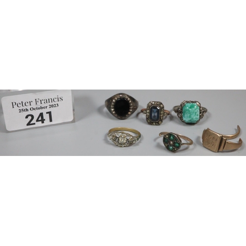 241 - Collection of gold and silver dress rings, one broken 9ct gold signet ring weighing 4.2g approx.   (... 