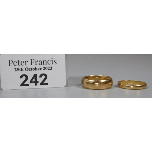 242 - Two 22ct gold wedding bands.  10g approx.   Sizes I and J1/2.  (B.P. 21% + VAT)