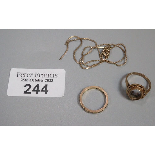 244 - 9ct gold ring probably missing a cameo.  2.6g approx. together with a 9ct gold fine chain.  1.5g app... 